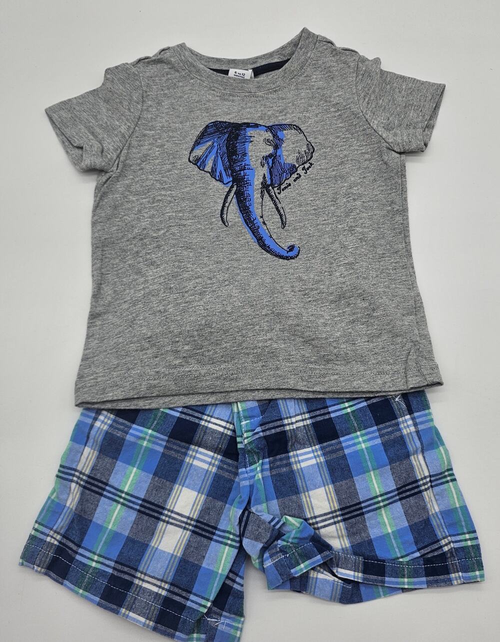 Janie and Jack Boys Size 6-12M Blue and Gray Plaid T-Shirt and Shorts Outfit